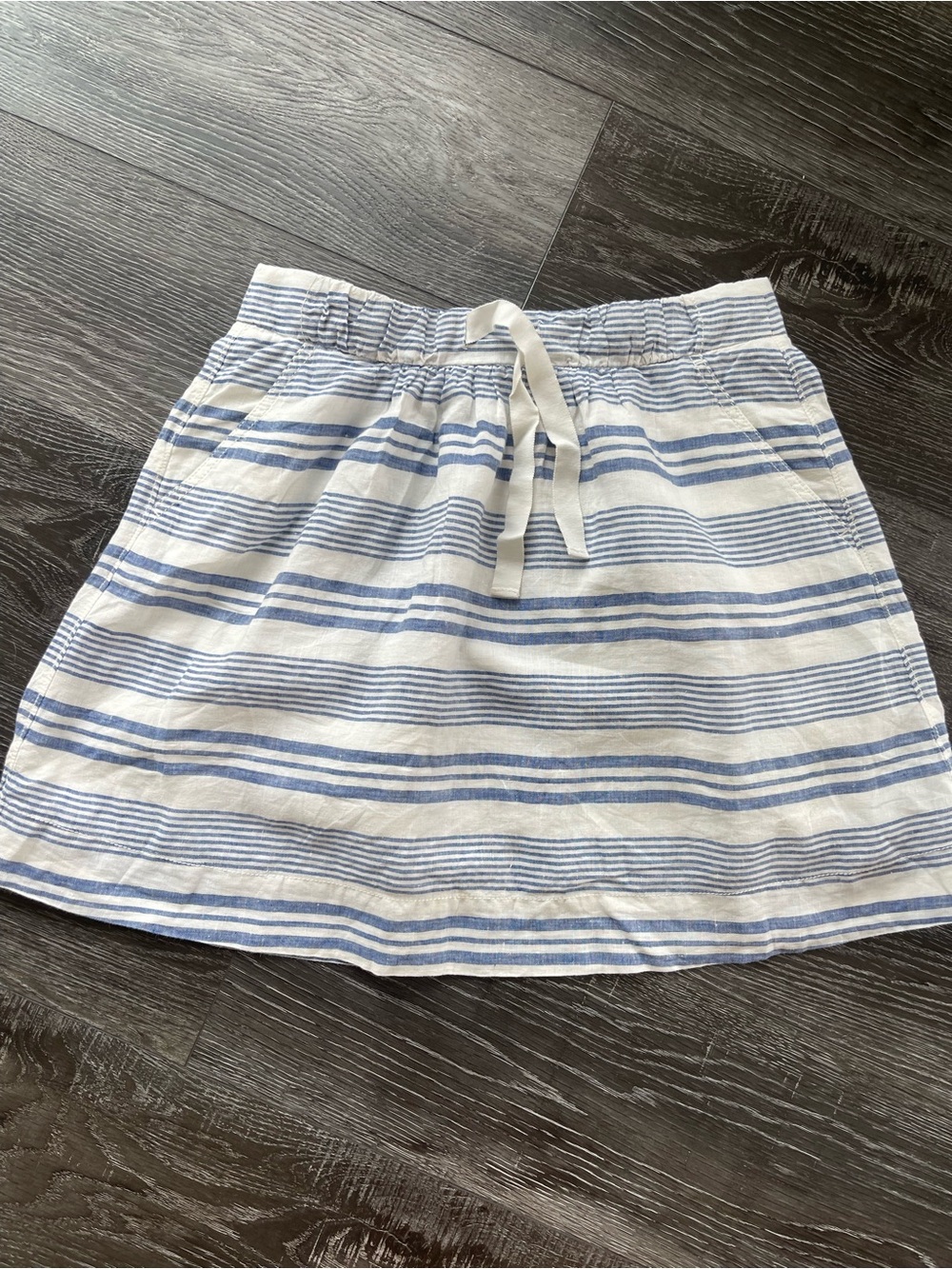 J. Crew White and Blue Striped Linen Drawstring Mini Skirt with Pockets